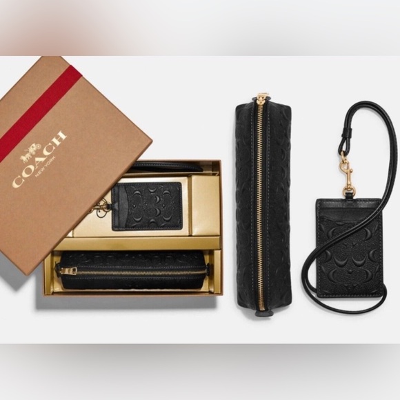 Boxed Pencil Case & ID Lanyard Set in Signature Leather – Coach - Black NWT - Picture 2 of 6
